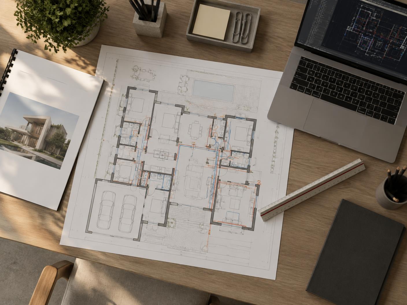 Mesa técnica com planta hidráulica, memorial e projeto em CAD